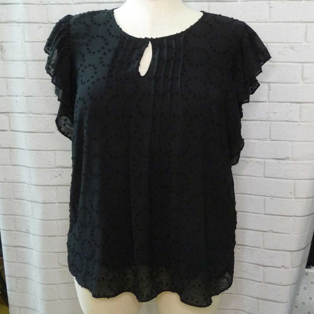 Zac & Rachel Black Swiss Dot Flutter Sleeve Blouse Top Women's XL